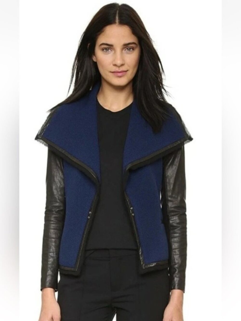 Vince Women's Size 6 Blue Wool Boucle Black Leather Draped Moto Jacket